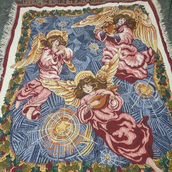 The Edith Collection Angels Throw Burgundy Blue Pink Red Beautiful 51” x 43 - Picture 1 of 7